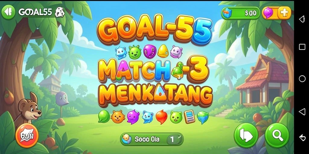 Screenshot GOAL55 menampilkan gameplay seru saat mencocokkan buah-buahan.